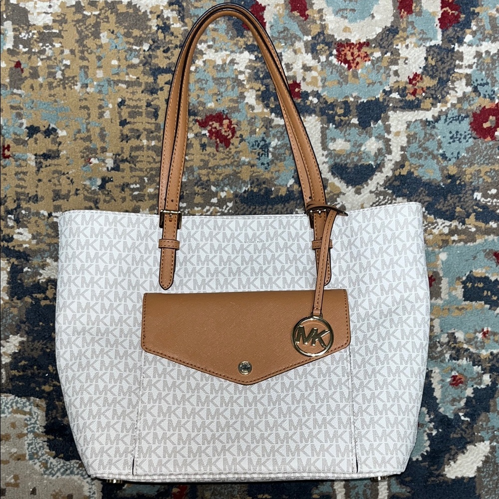 Michael Kors MK Logo White and Tan Tote